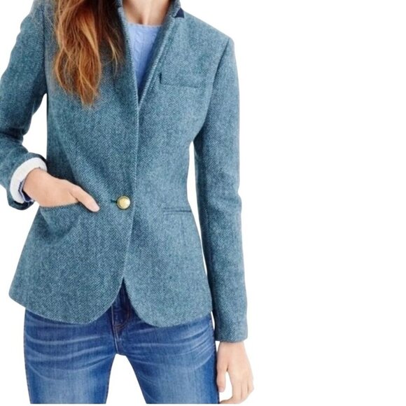 J.Crew Campbell Blue Herringbone Tweed Moon Wool Blazer Gold Button Size 0p - Picture 1 of 12